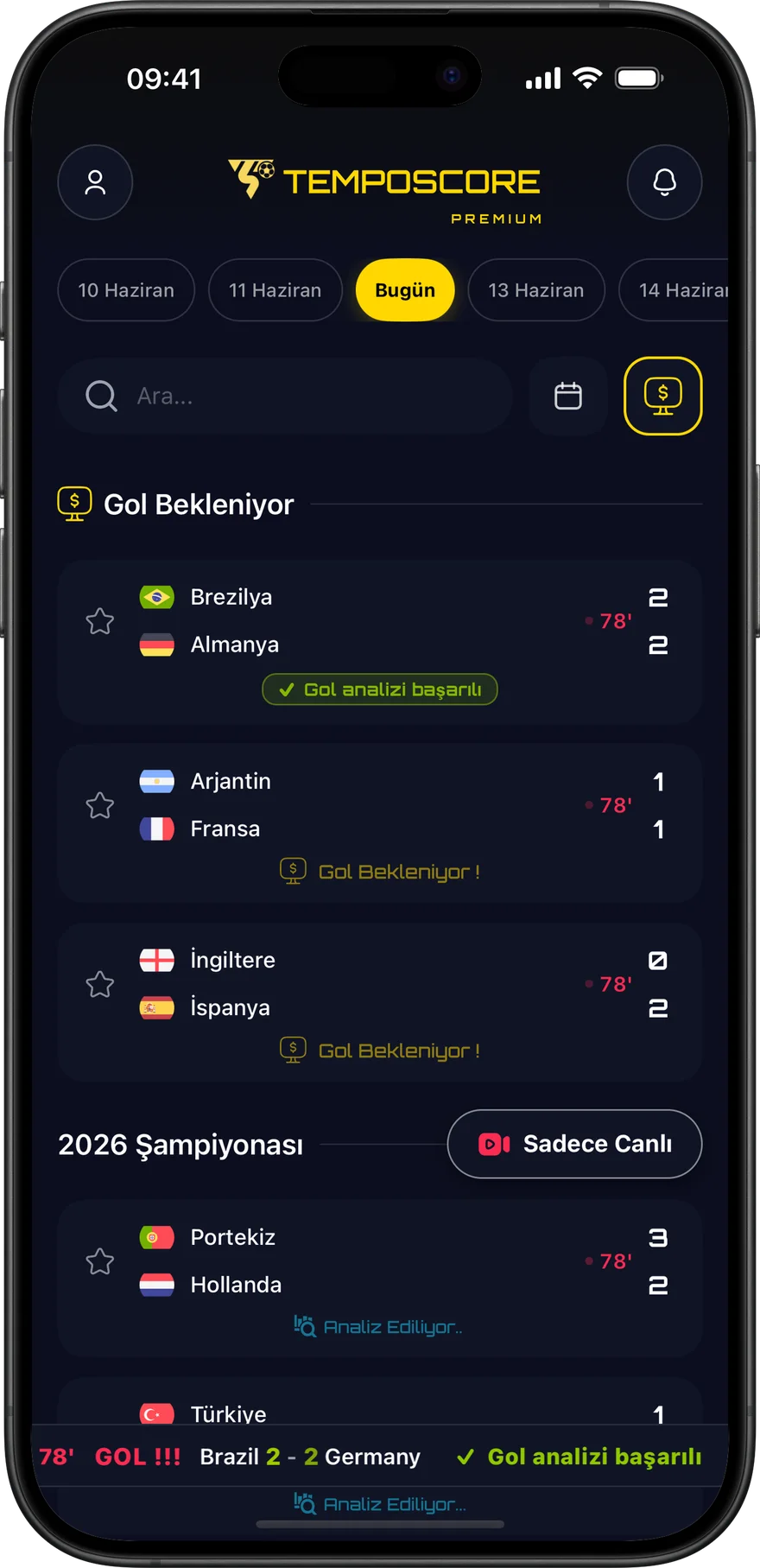 TempoScore canlı maç listesi — Gol Bekleniyor sinyalleri